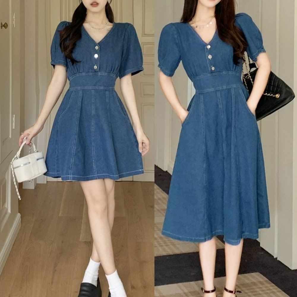 Denim Dress V Neck, Denim Dress with Short Sleeves, French Denim Dress